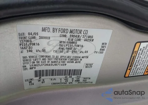 2005 Ford Explorer Xlt/Xlt Sport из США, поврежденный, VIN 1FMZU73K65UB71459